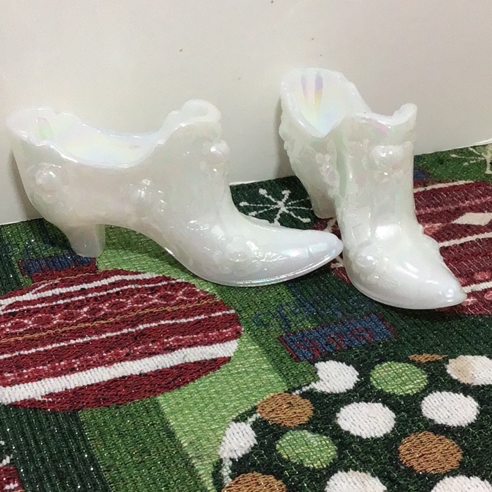 Pair Vintage Fenton White Iridescent Victorian Glass Shoes